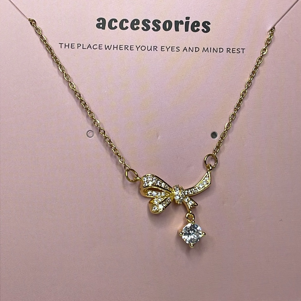 Gold Bow Crystal Necklace